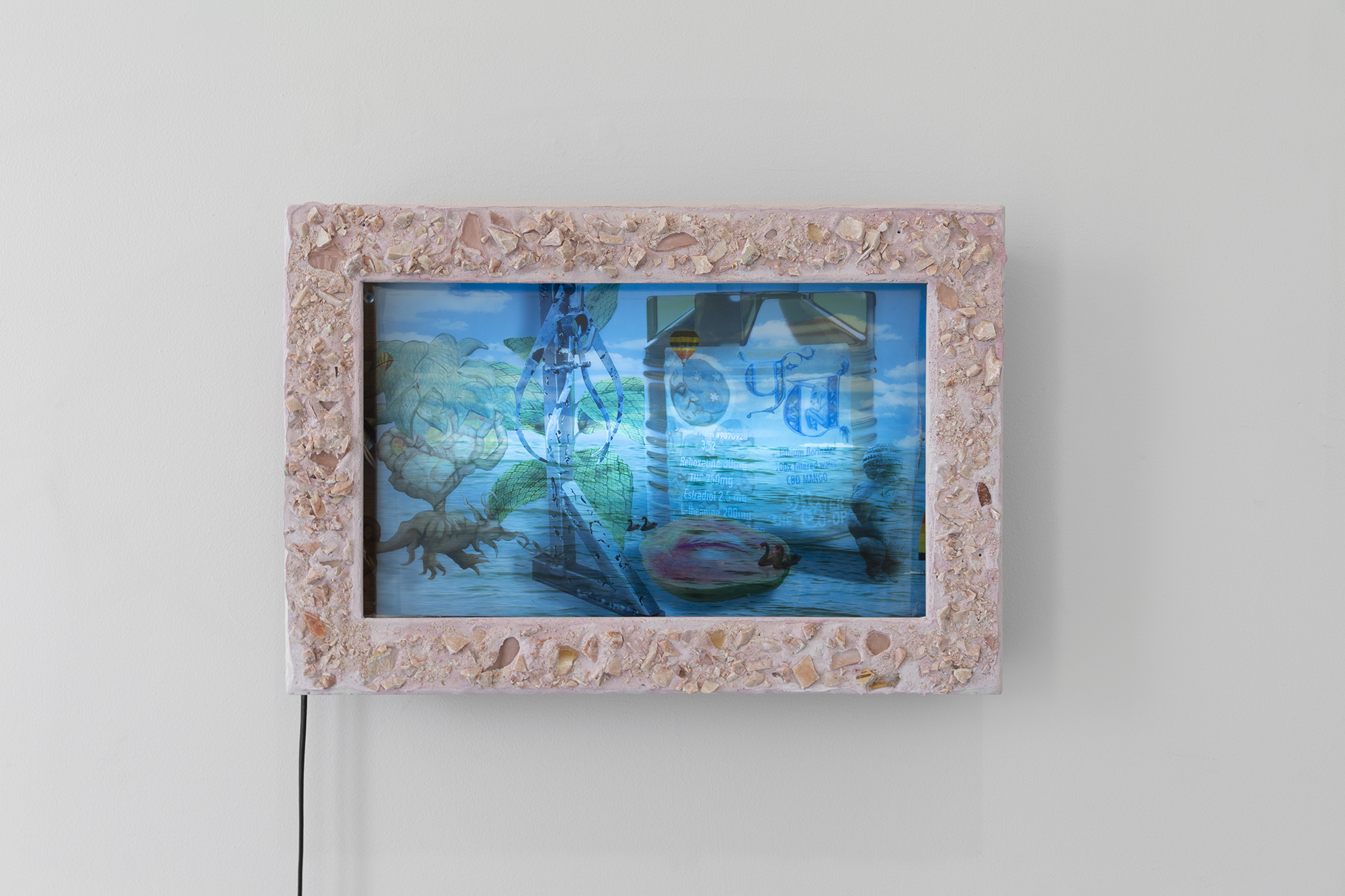 Still Life: Starterpack, 2022. Featured on Do Not Research, 2022. Inkjet print on transparency film, Rockite cement, pink marble, glass found in Dead Horse Bay, found lightbox with auditory and moving parts, plasma cut welded steel, oil on linen, oil on canvas, 3D rendering, found photographs 