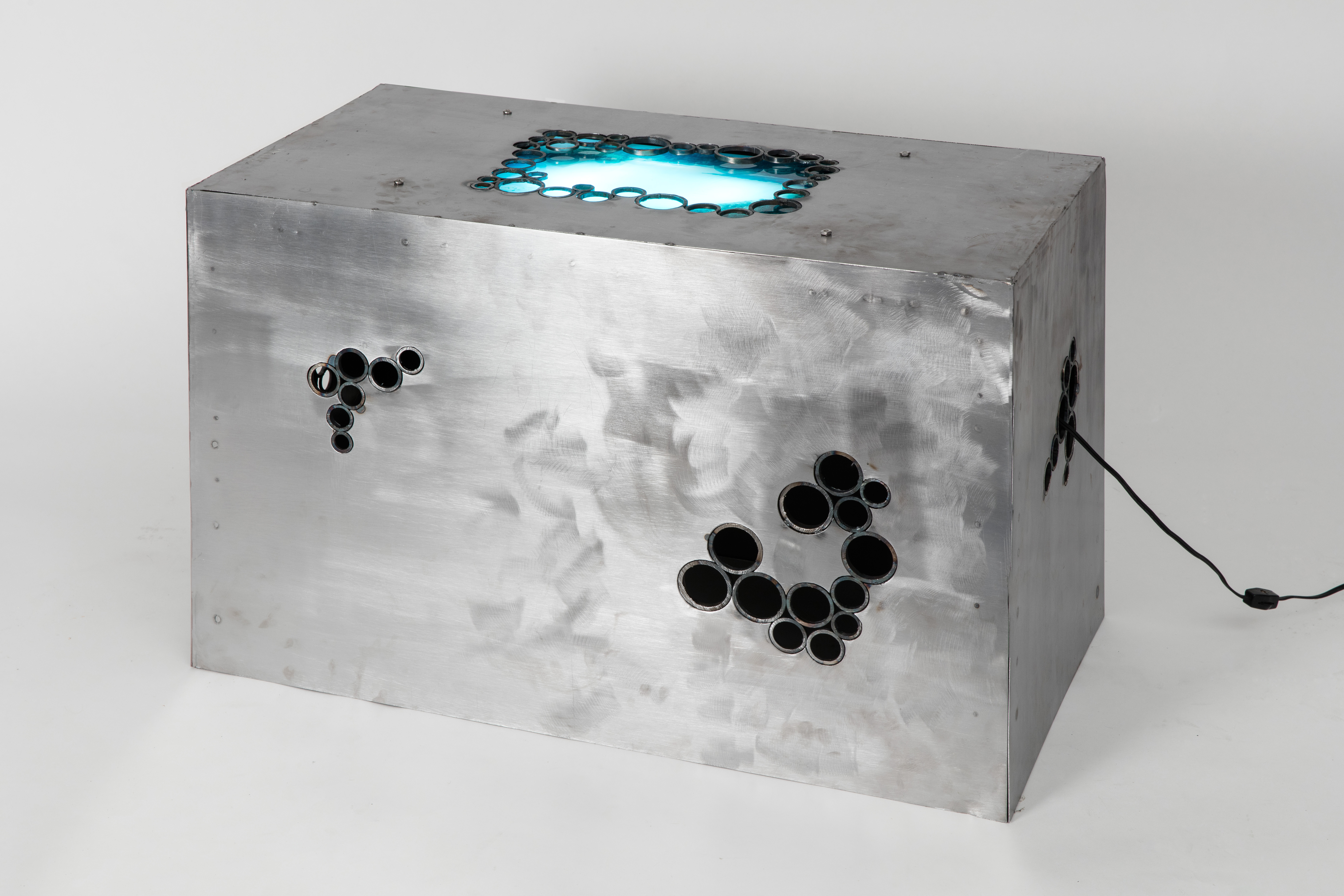 TIG welded, CNC plasma cut coffee table with inset lightbox, 2022.